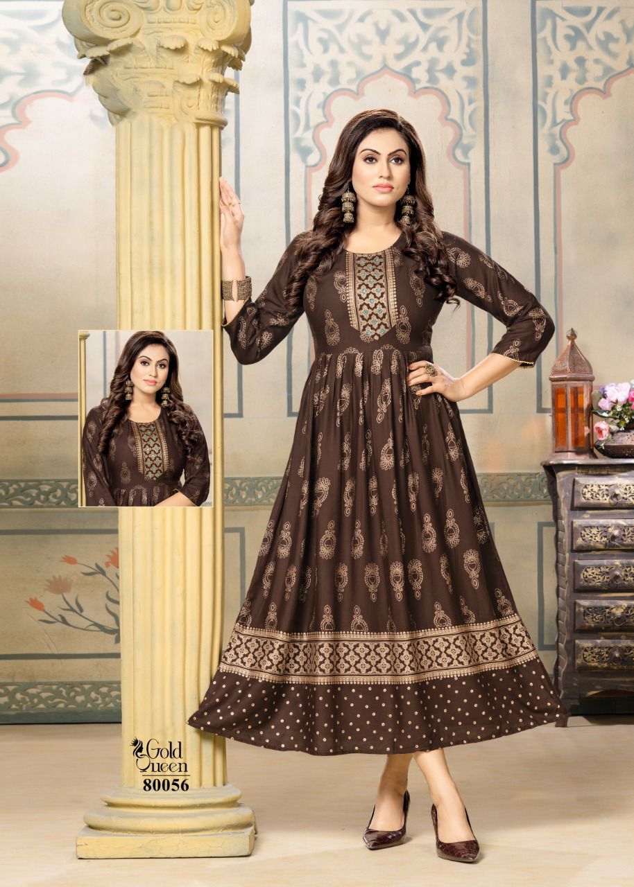 Mayra Gold Queen New Fancy Ethnic Wear Rayon Printed Long Anarkali Kurti Collection